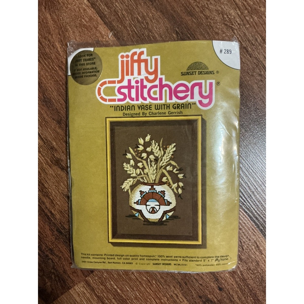 Vtg 1976 Jiffy Stitchery Kit INDIAN VASE WITH GRAIN #289 Sunset Designs NIP